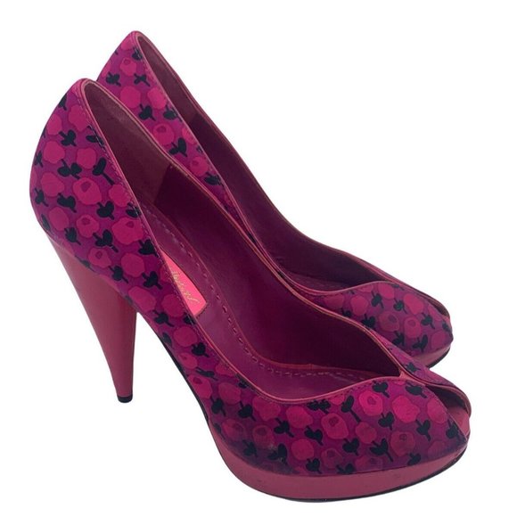 Betsey Johnson Shoes - Betsey Johnson Size 5.5 M Pink Floral Ultra High Platform Leather Heels Peep Toe